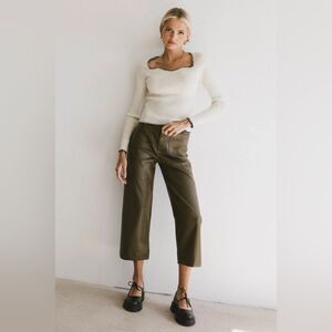 bohme Women’s Olive Green Vegan Leather Wide Leg Pants Sz XL Boho Preppy Urban